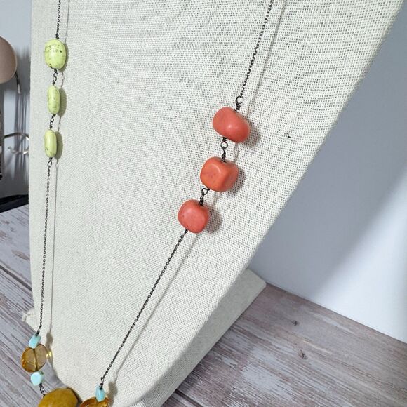 Sterling Silver Long Chain Necklace Stone Beads Bohemian Larimar Turquoise Pearl - Picture 3 of 8